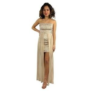 Y2K Glam Fairy Festival Goddess Strapless Sequin Bodycon Dress Sheer Overlay S